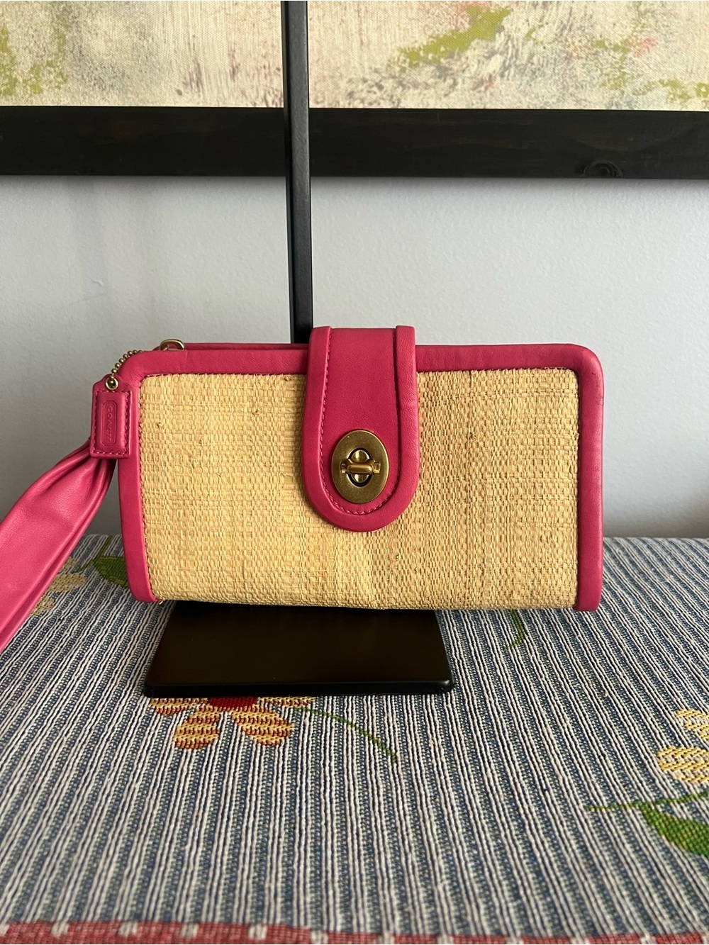 Coach Parker Straw Bright Pink Leather Clutch Wristlet
